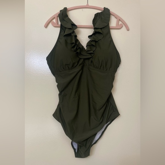 Holipick Tummy Control Olive Ruffle One-Piece Swimsuit - Picture 3 of 6